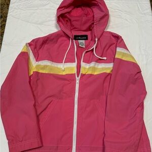 Pink Hooded Jacket with Yellow and White Stripes
